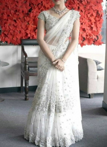 White Color Ruffle Saree