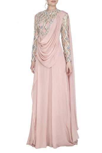 Misty Rose Stitched Saree Gown
