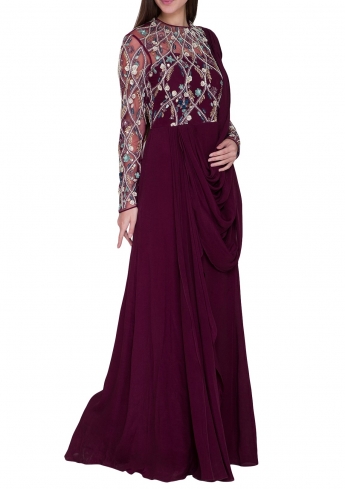 Wine Color Stitched Saree Gown