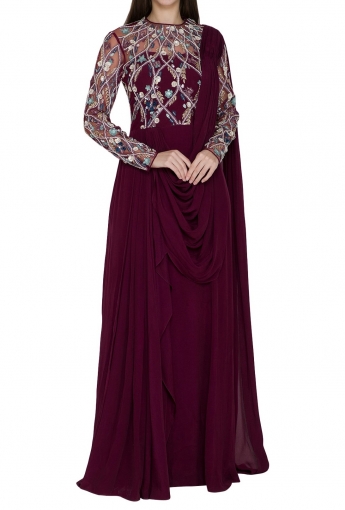 Wine Color Stitched Saree Gown