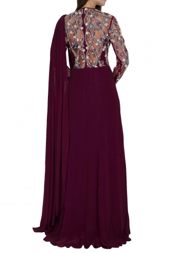 Wine Color Stitched Saree Gown