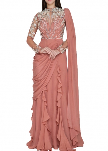 Dark Salmon Stitched Saree Gown