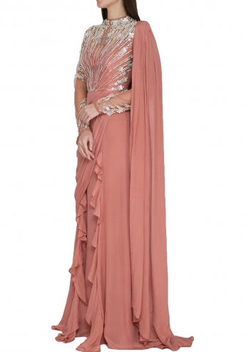 Dark Salmon Stitched Saree Gown