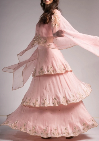 Peach Crop Top And Lehenga With Cape