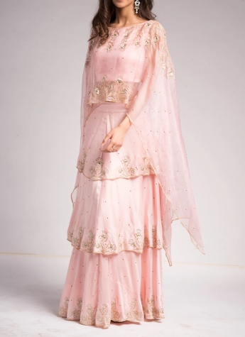 Peach Crop Top And Lehenga With Cape