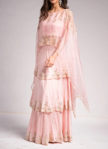 Peach Crop Top And Lehenga With Cape