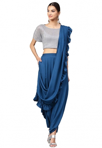 Blue And Silver Color Dhoti Saree