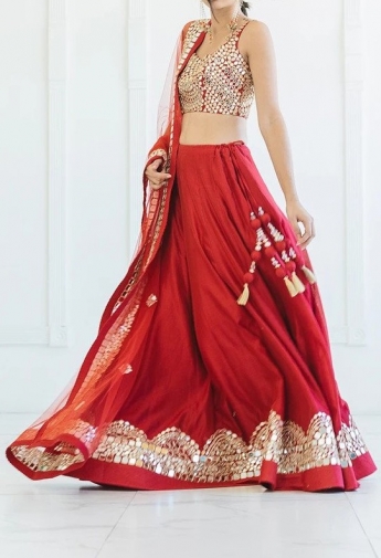 Red Color Mirror Work Lehenga