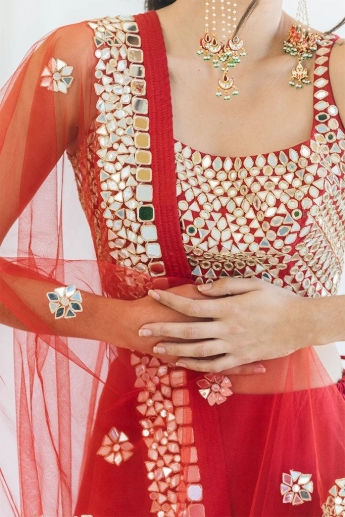 Red Color Mirror Work Lehenga