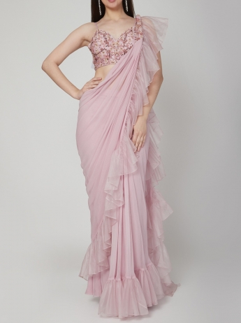 Pink Color Ruffle Saree