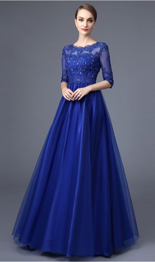 Unique blue lace long prom dress, blue long evening dress – dresstby