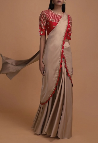 Beige Color Stitched Pleated Saree