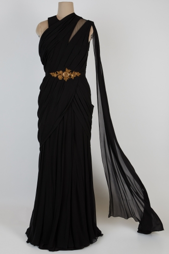 Black Color Ready Pleated Saree Gown