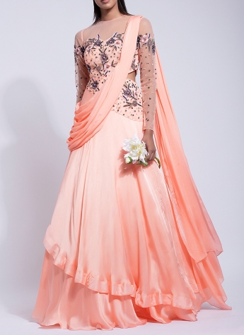 Peach Color Pre Draped Saree Gown