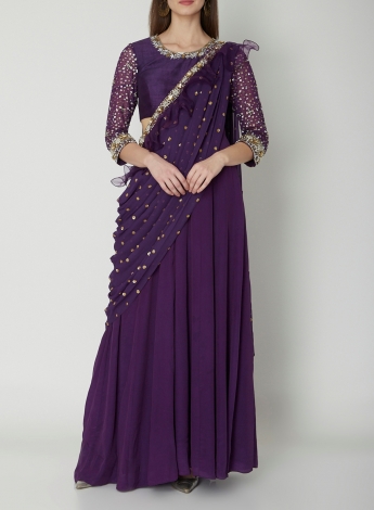 Purple Color Draped Saree Gown