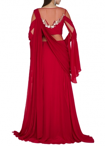 Red Color Ready Draped Saree Gown