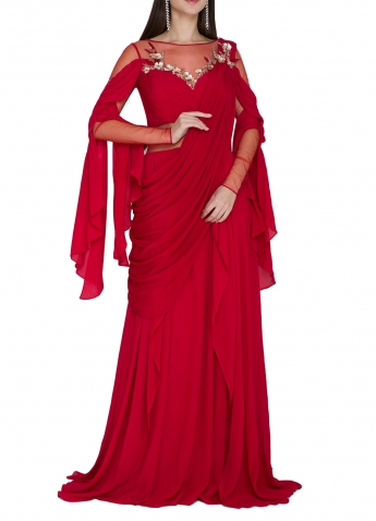 Red Color Ready Draped Saree Gown