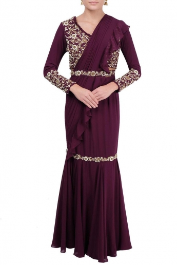 Maroon Stitched Ruffle Saree