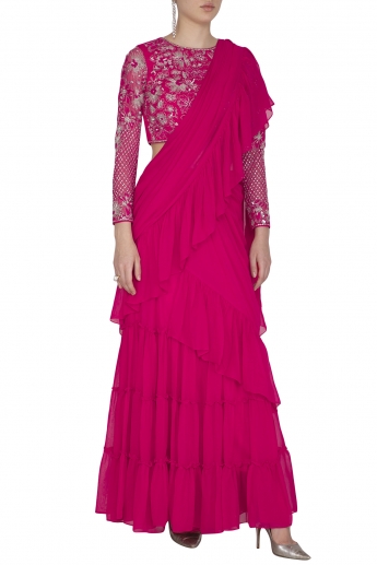 Deep Pink Stitched Ruffle Saree