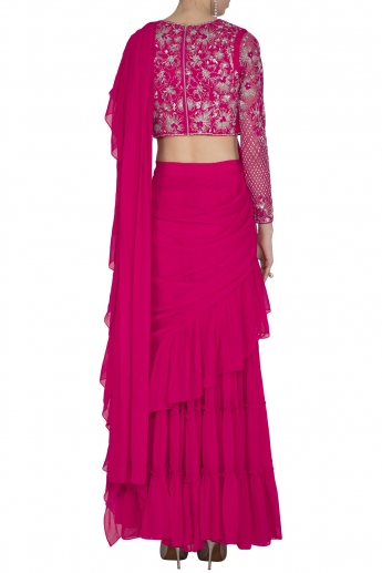 Deep Pink Stitched Ruffle Saree