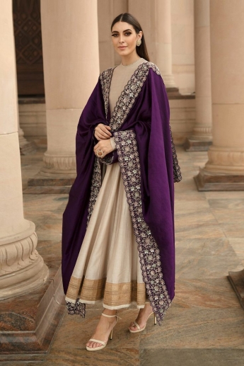 Antique White Anarkali With Purple Dupatta