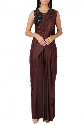 Brown Stitched Saree Gown