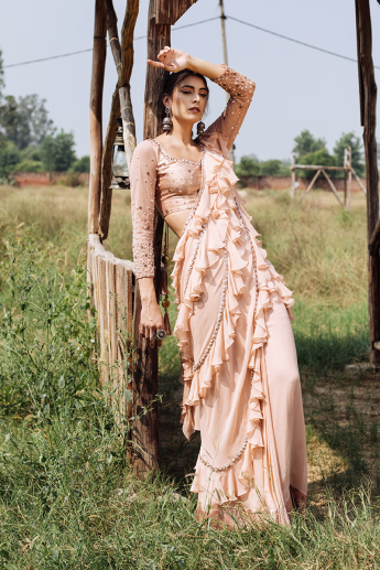 Peach Puff Stitched Ruffle Saree