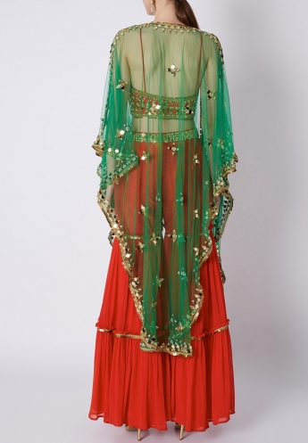 Red Sharara Dress With Green Cape