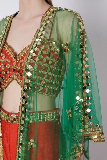 Red Sharara Dress With Green Cape