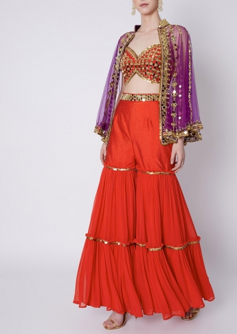 Red Sharara Dress With Purple Cape