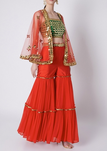 Red Sharara Dress With Cape