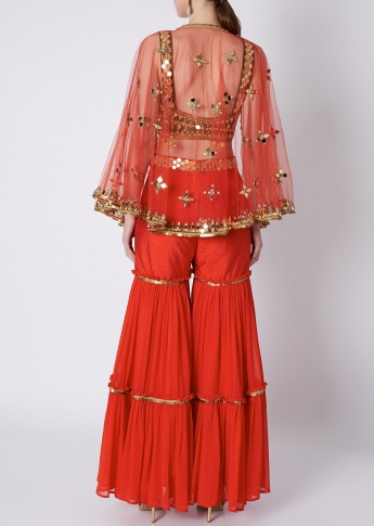 Red Sharara Dress With Cape