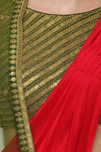 Red And Golden Dhoti Saree With Green Cape