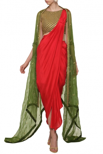 Red And Golden Dhoti Saree With Green Cape