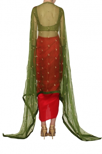 Red And Golden Dhoti Saree With Green Cape