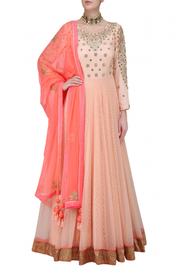 Peach colour gown with dupatta set for woman and girls.Party and Wedding  Wear set for
