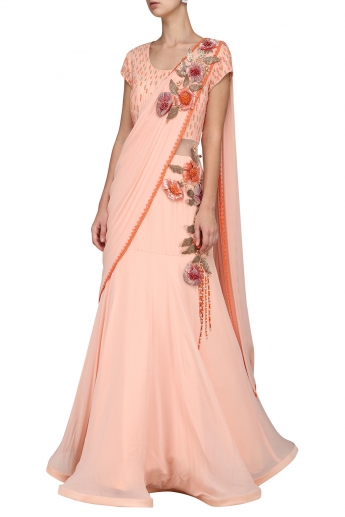 Peach Pre Draped Saree Gown