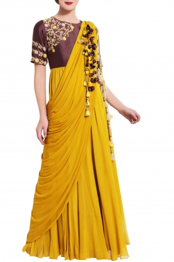 Yellow Stitched Saree Gown