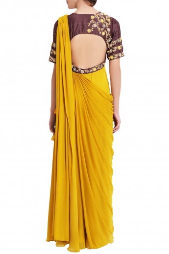 Yellow Stitched Saree Gown