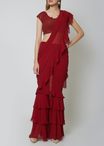 Red Ruffle Plazo Saree