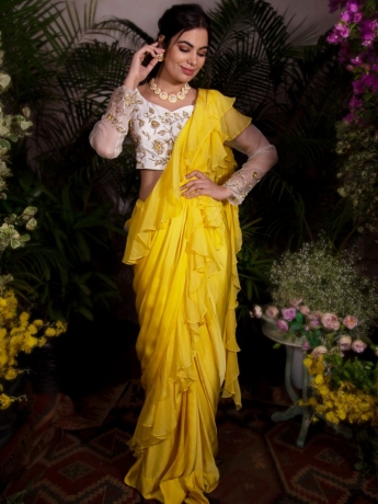 Yellow Stitched Ruffle Saree