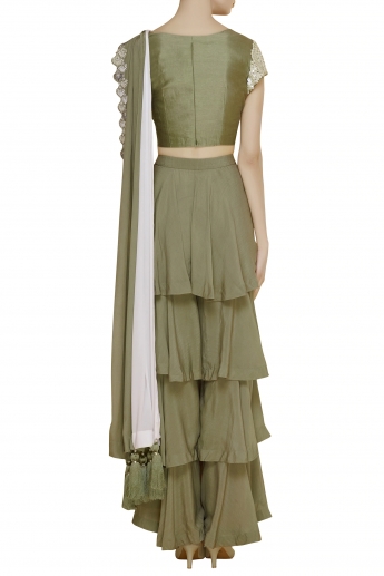 Olive Stitched Ruffle Plazo Saree