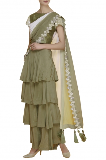 Olive Stitched Ruffle Plazo Saree