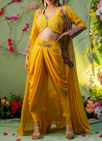 Yellow Faux Georgette Embroidery Work Dhoti Suit