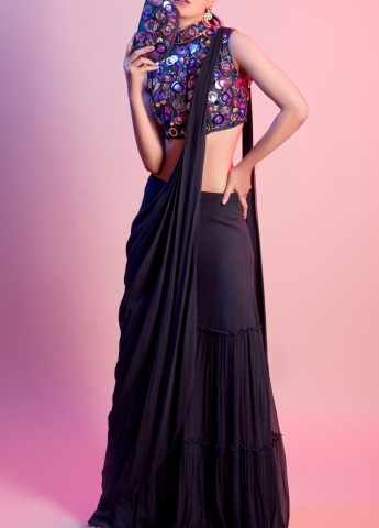 Buy Blue Pleated Embroidery Sequin V Neck Flavina Pre-draped Saree Gown For  Women by Tasuvure Indes Online at Aza Fashions.