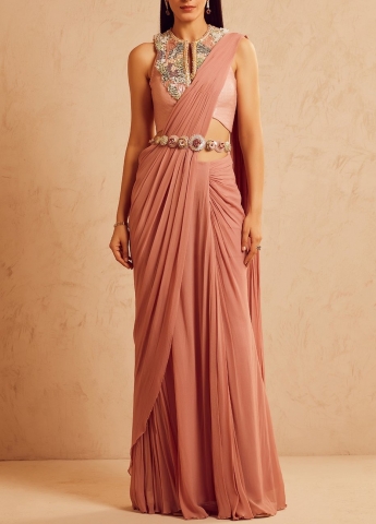 Peach Pre Draped Saree Gown