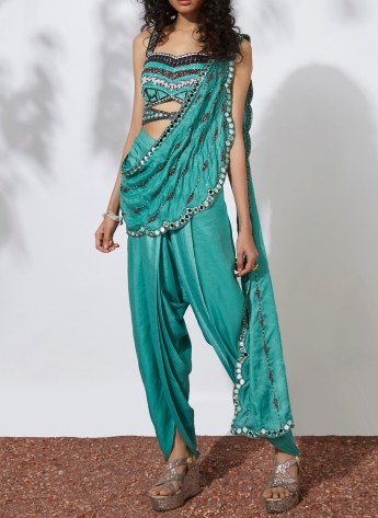 Turquoise Dhoti Pant Saree