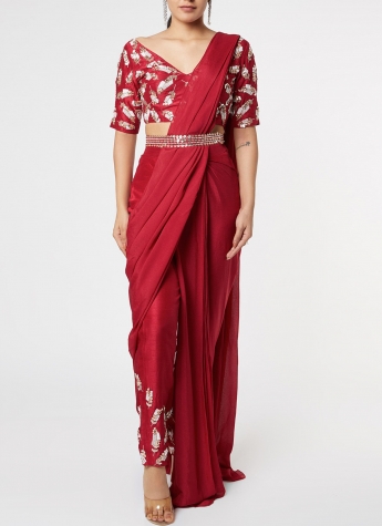 Red Pre Draped Pant Saree With Belt