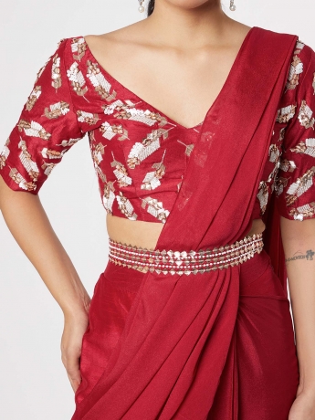 Red Pre Draped Pant Saree With Belt