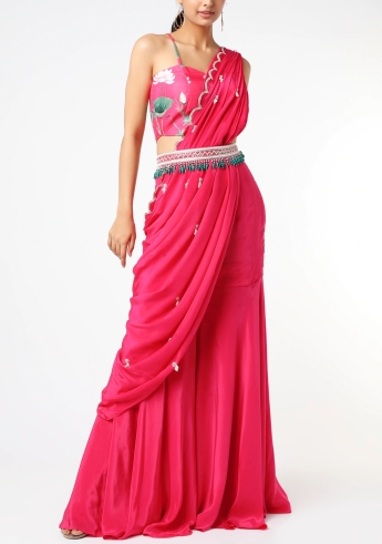Pink Sharara Saree With Belt